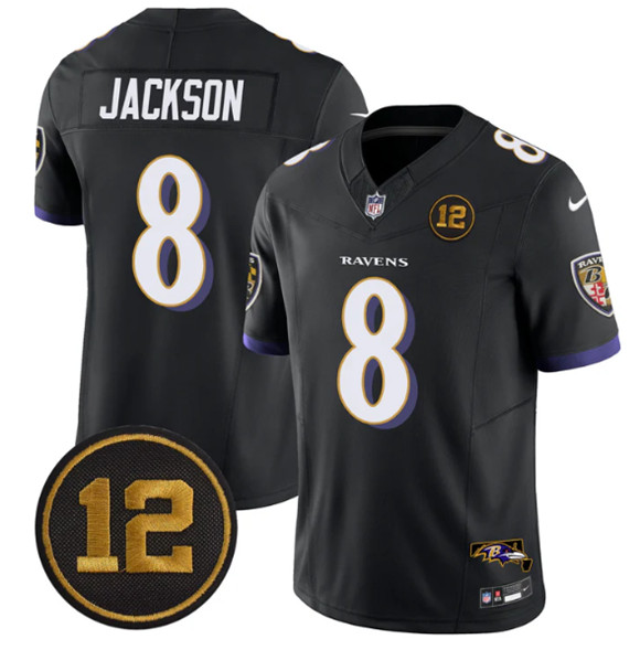 Men's Baltimore Ravens #8 Lamar Jackson Black 2025 F.U.S.E. Jacoby Jones Patch Vapor Limited Football Jersey